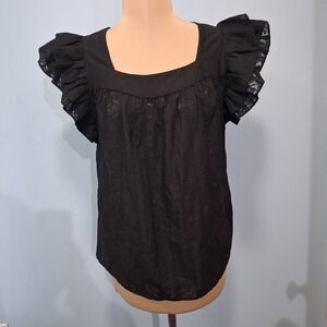 Oliver Bonas Burnout Floral Frill Sleeve Top Sheer Gothic Dark Coquette Womens 4